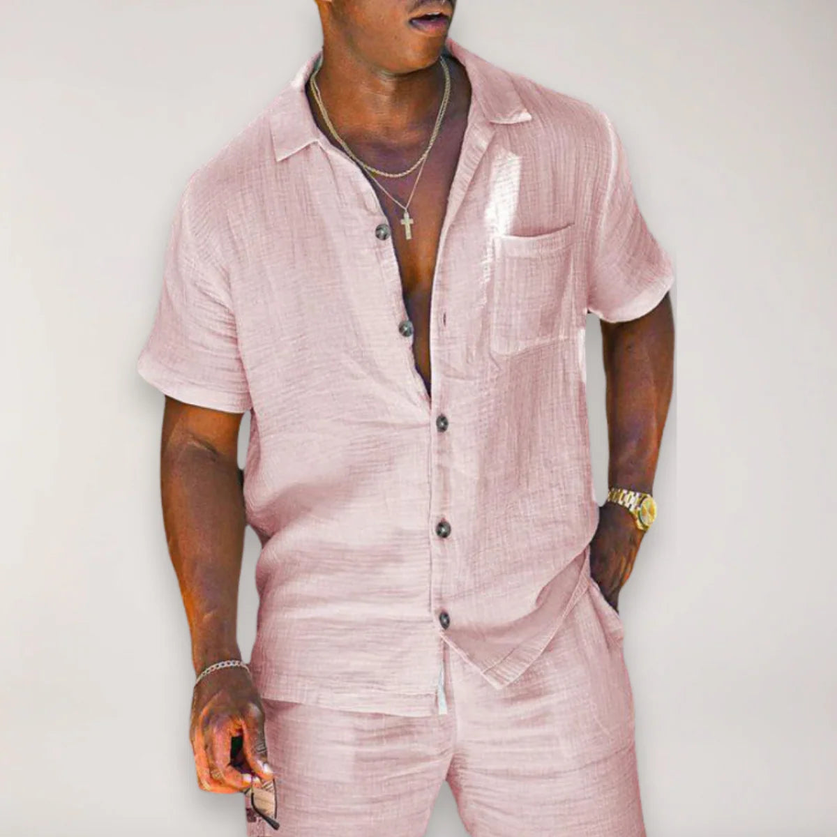 Men’S Linen Two-Piece Short Sleeve Shirt and Shorts Set with Button Front