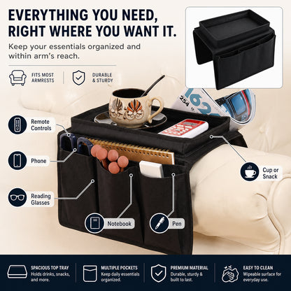 Sofa Armrest Organizer Remote Control Holder Couch Caddy Tray Table Black