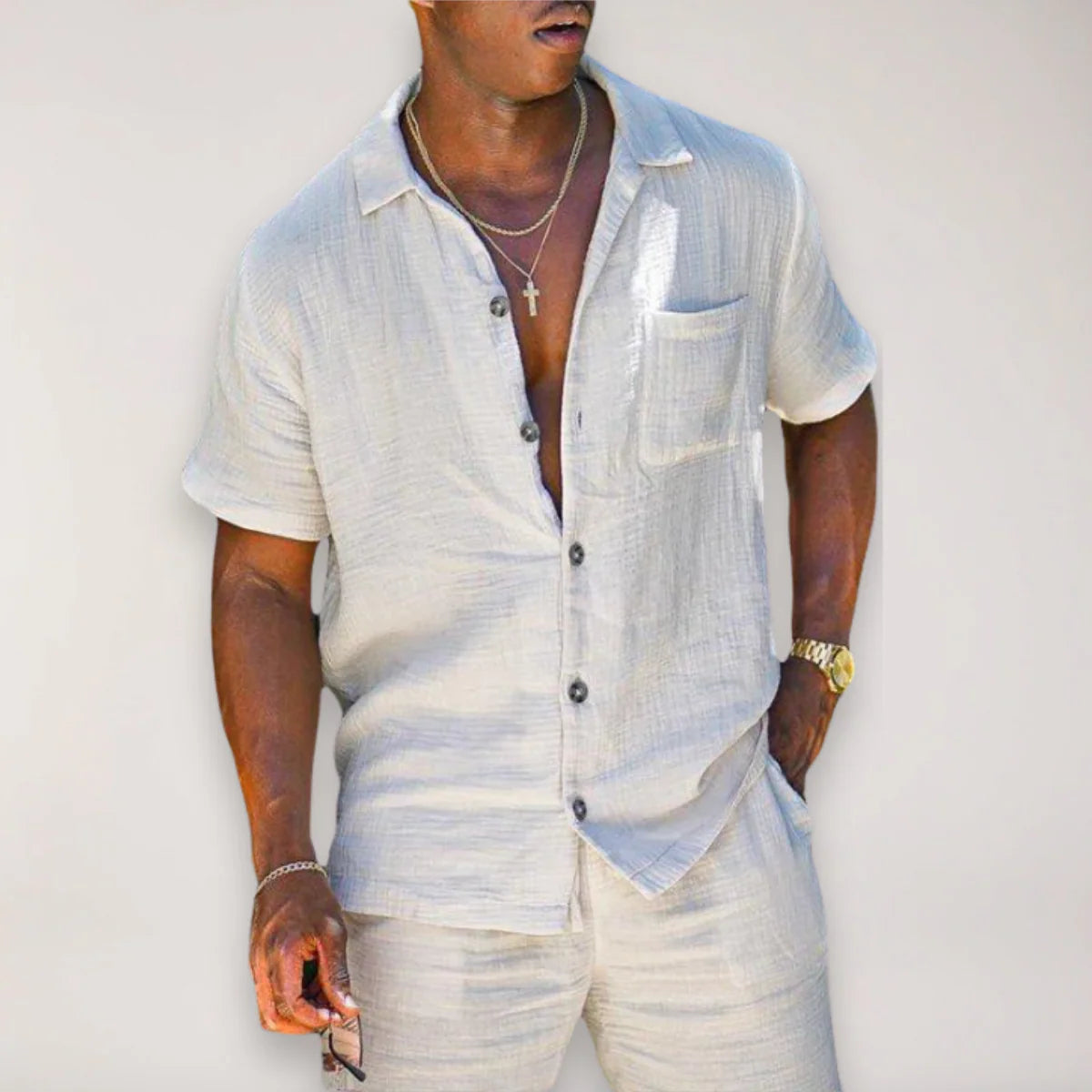 Men’S Linen Two-Piece Short Sleeve Shirt and Shorts Set with Button Front