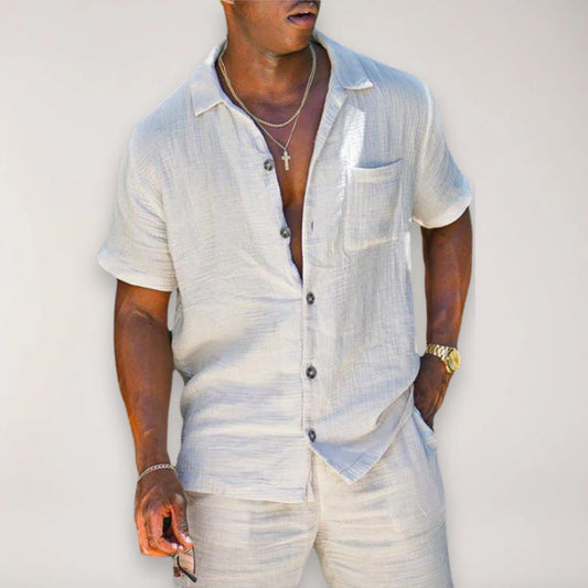 Men’S Linen Two-Piece Short Sleeve Shirt and Shorts Set with Button Front
