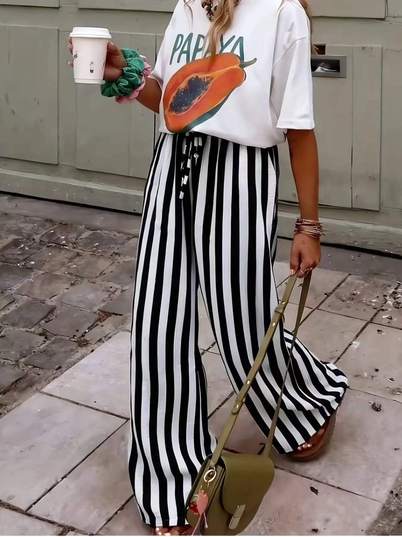 Spring & Fall Fashion New Women'S Drawstring Loose Wide Leg Striped Pants, Comfortable and Stylish Long Trousers for Casual Wear