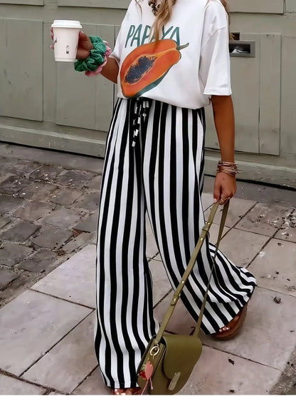 Spring & Fall Fashion New Women'S Drawstring Loose Wide Leg Striped Pants, Comfortable and Stylish Long Trousers for Casual Wear