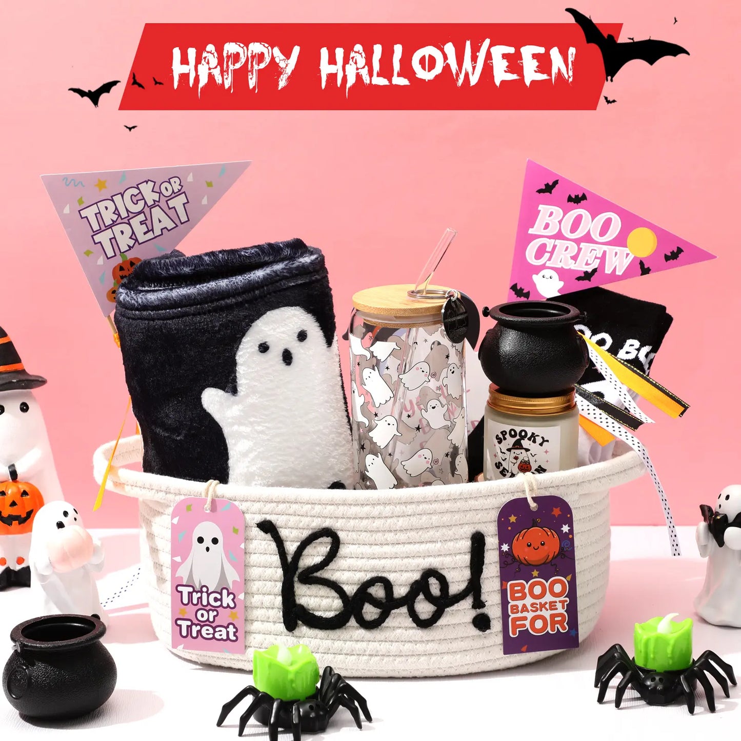Gejoy Large Boo Basket with Handles for Halloween Spooky Face Boo Basket Cute Halloween Boo Basket Boo Woven Trick or Treat Gift Organizer for Halloween Party Favors, Spooky Gift Basket for Girlfriends Adults Her Bestie Teens Boyfriends Girls Sister Mom