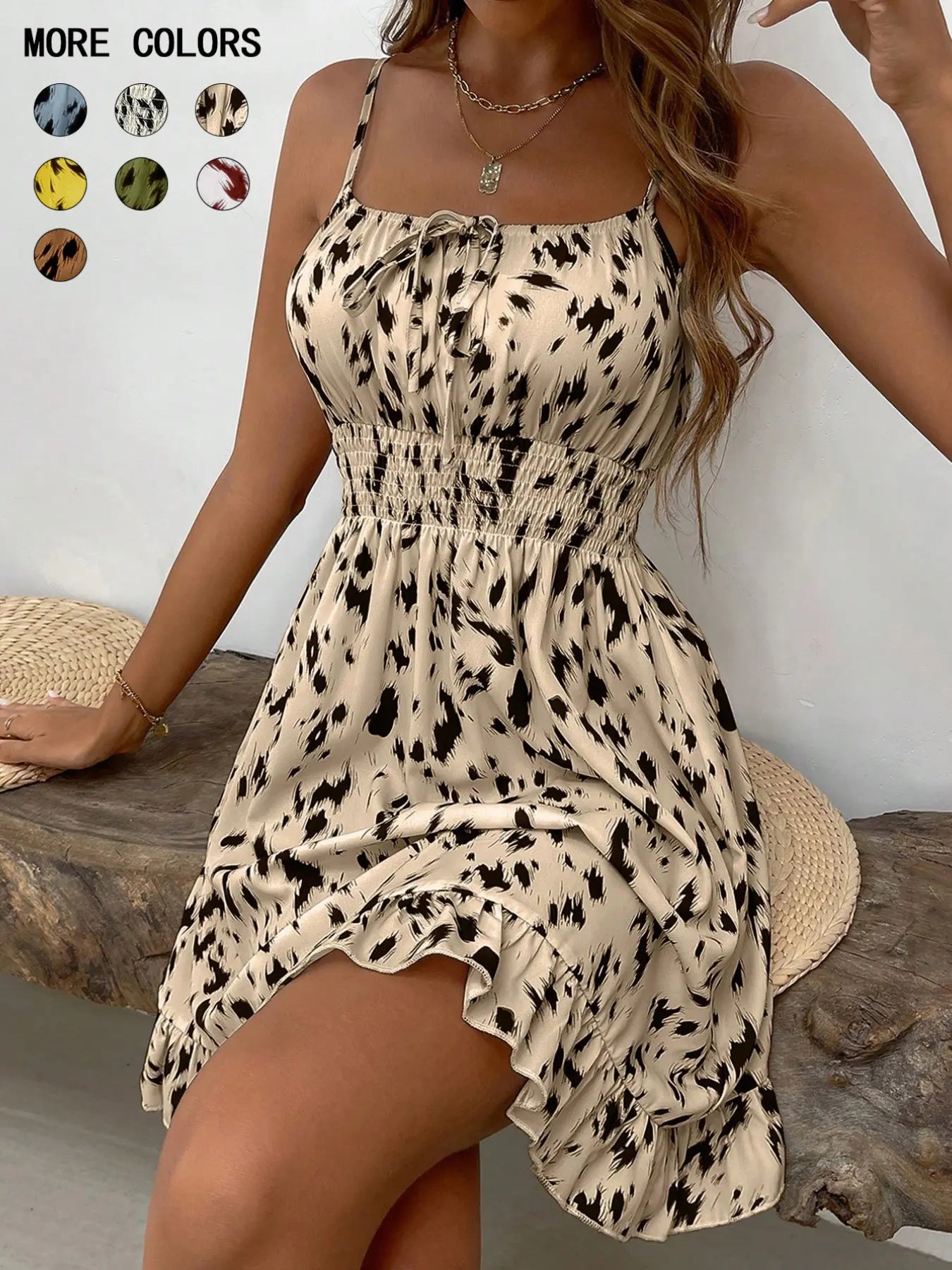 Women'S Fashion Print Slim-Fit Mini Dress, Casual Sleeveless Spaghetti Strap Design, All-Season Wear, Unlined Comfortable Style