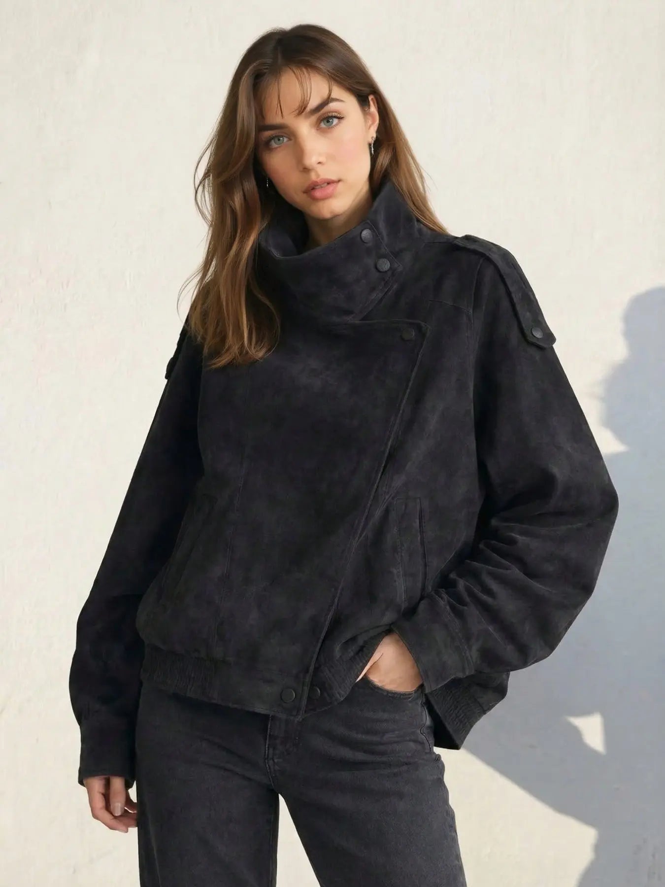 Women'S Fall Winter Streetwear Fashion Motorcycle Style Leather-Look Long Sleeve Jacket, Coats, Casual Vintage Loose Fit, Stand Collar Asymmetrical Design, Multiple Colors Available