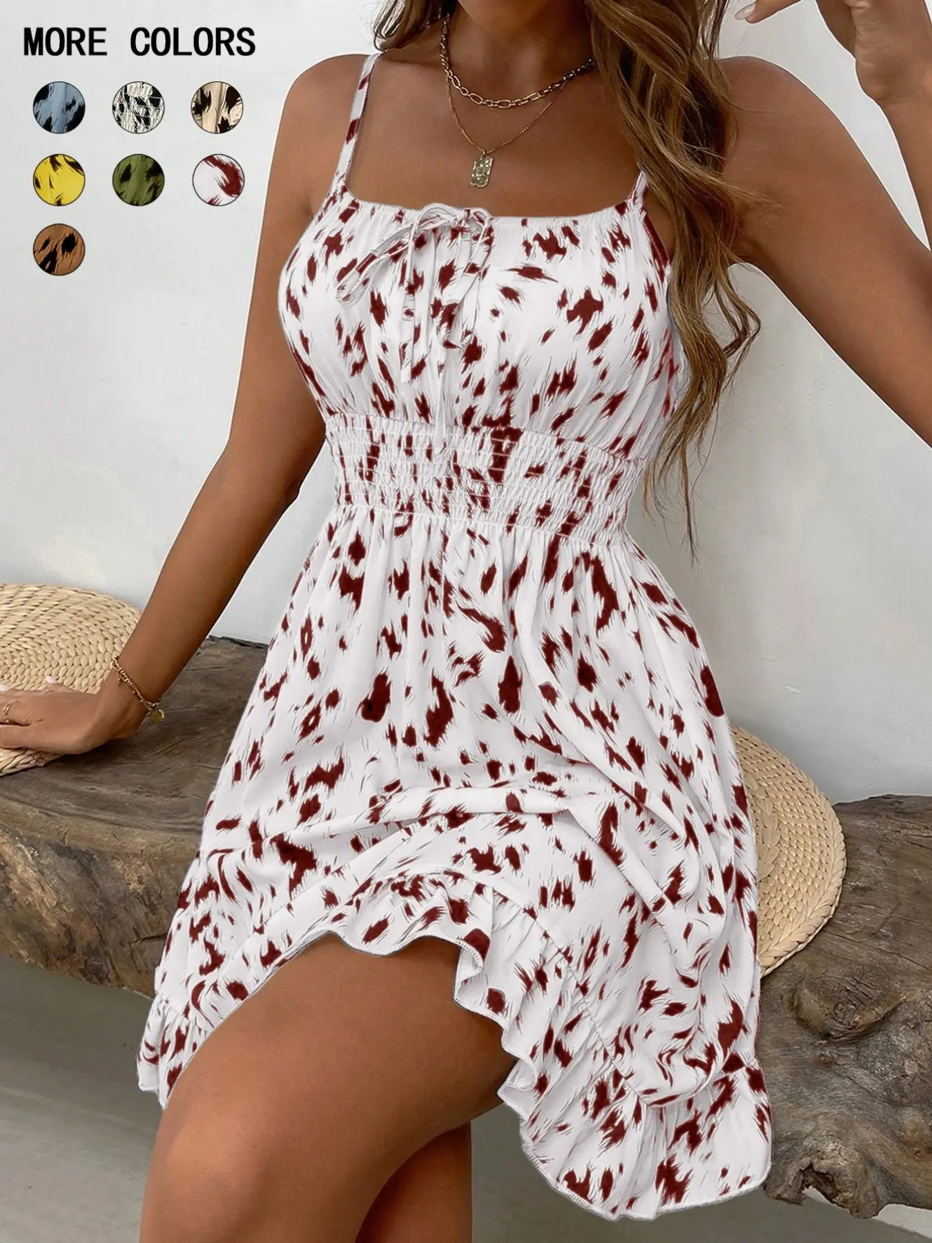 Women'S Fashion Print Slim-Fit Mini Dress, Casual Sleeveless Spaghetti Strap Design, All-Season Wear, Unlined Comfortable Style