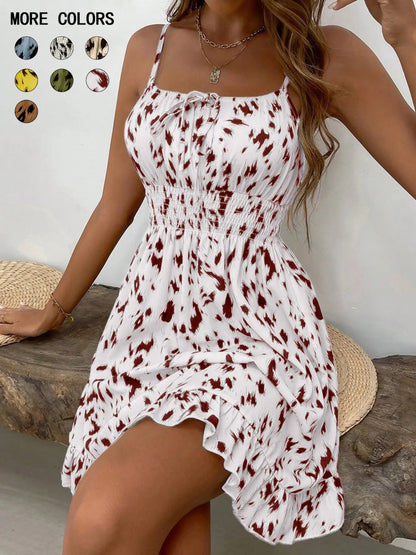 Women'S Fashion Print Slim-Fit Mini Dress, Casual Sleeveless Spaghetti Strap Design, All-Season Wear, Unlined Comfortable Style