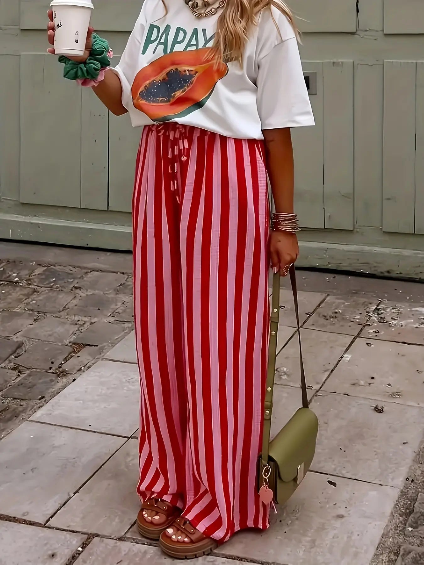 Spring & Fall Fashion New Women'S Drawstring Loose Wide Leg Striped Pants, Comfortable and Stylish Long Trousers for Casual Wear