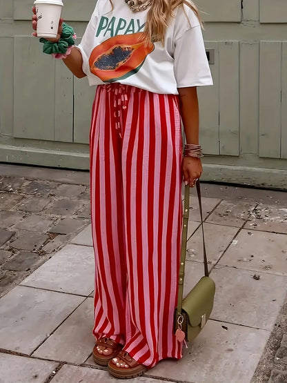 Spring & Fall Fashion New Women'S Drawstring Loose Wide Leg Striped Pants, Comfortable and Stylish Long Trousers for Casual Wear