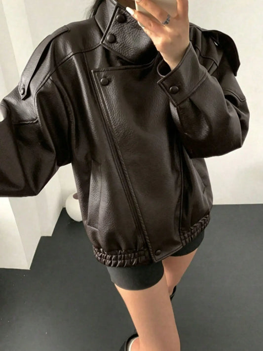 Women'S Fall Winter Streetwear Fashion Motorcycle Style Leather-Look Long Sleeve Jacket, Coats, Casual Vintage Loose Fit, Stand Collar Asymmetrical Design, Multiple Colors Available