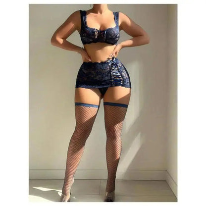 Sexy 3-Piece Lingerie Set for Women, Sheer Lace Babydoll with Garter Belt and Lace-Up Wireless Bra, 3-Pieces, Nylon Blend, Stretch Fabric Moves with You Body Envy Sets Elegant, Lady, Underwear Sets, Lacy