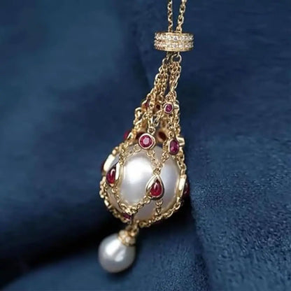 Women Exquisite Pearl Gemstone Lavalier Pendant Elegant Pearl Pendant Necklaces Natural Pearl Metal Braided Mesh Necklace