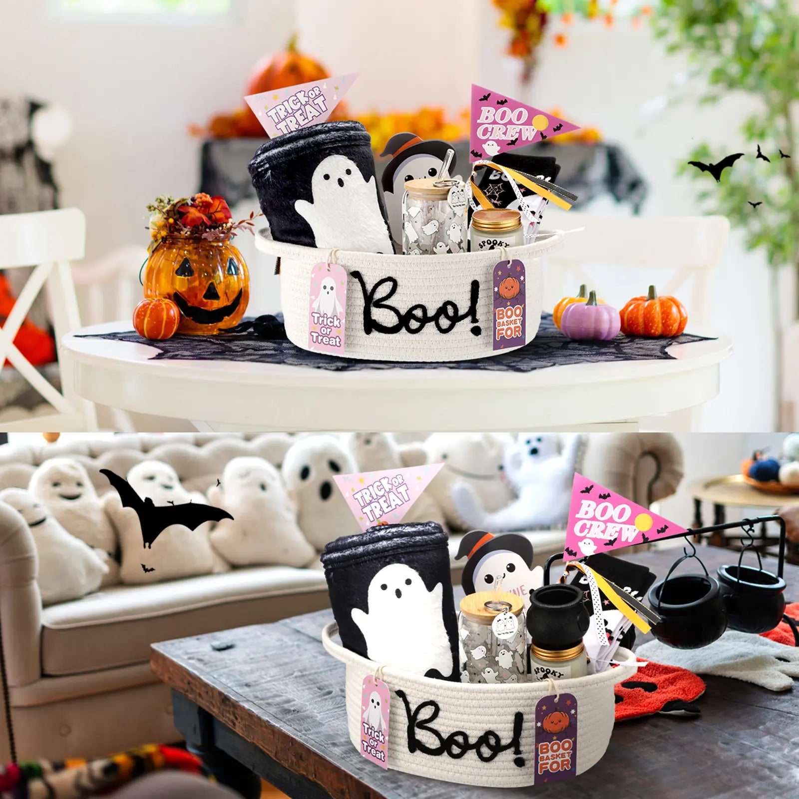 Gejoy Large Boo Basket with Handles for Halloween Spooky Face Boo Basket Cute Halloween Boo Basket Boo Woven Trick or Treat Gift Organizer for Halloween Party Favors, Spooky Gift Basket for Girlfriends Adults Her Bestie Teens Boyfriends Girls Sister Mom