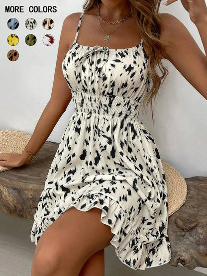Women'S Fashion Print Slim-Fit Mini Dress, Casual Sleeveless Spaghetti Strap Design, All-Season Wear, Unlined Comfortable Style