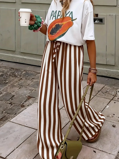 Spring & Fall Fashion New Women'S Drawstring Loose Wide Leg Striped Pants, Comfortable and Stylish Long Trousers for Casual Wear