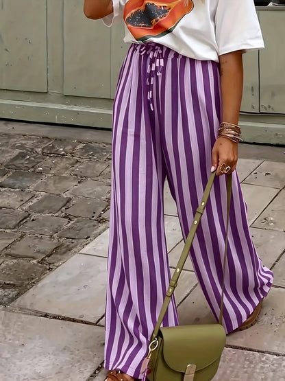 Spring & Fall Fashion New Women'S Drawstring Loose Wide Leg Striped Pants, Comfortable and Stylish Long Trousers for Casual Wear