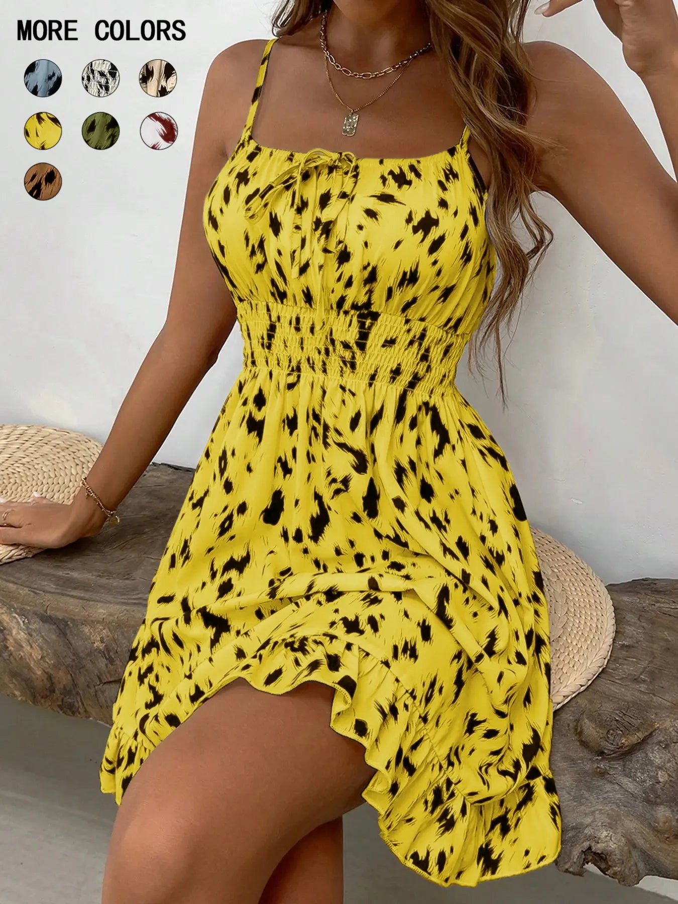 Women'S Fashion Print Slim-Fit Mini Dress, Casual Sleeveless Spaghetti Strap Design, All-Season Wear, Unlined Comfortable Style