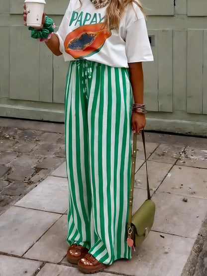 Spring & Fall Fashion New Women'S Drawstring Loose Wide Leg Striped Pants, Comfortable and Stylish Long Trousers for Casual Wear